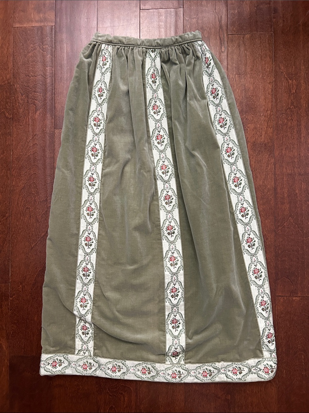 Vintage 1960s Velvet Maxi Skirt with Floral  Ribbon Trim, Size XS